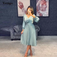 verngo modest a line satin pleats prom dresses long sleeves v neck party gowns black knee length mother formal occasion dress