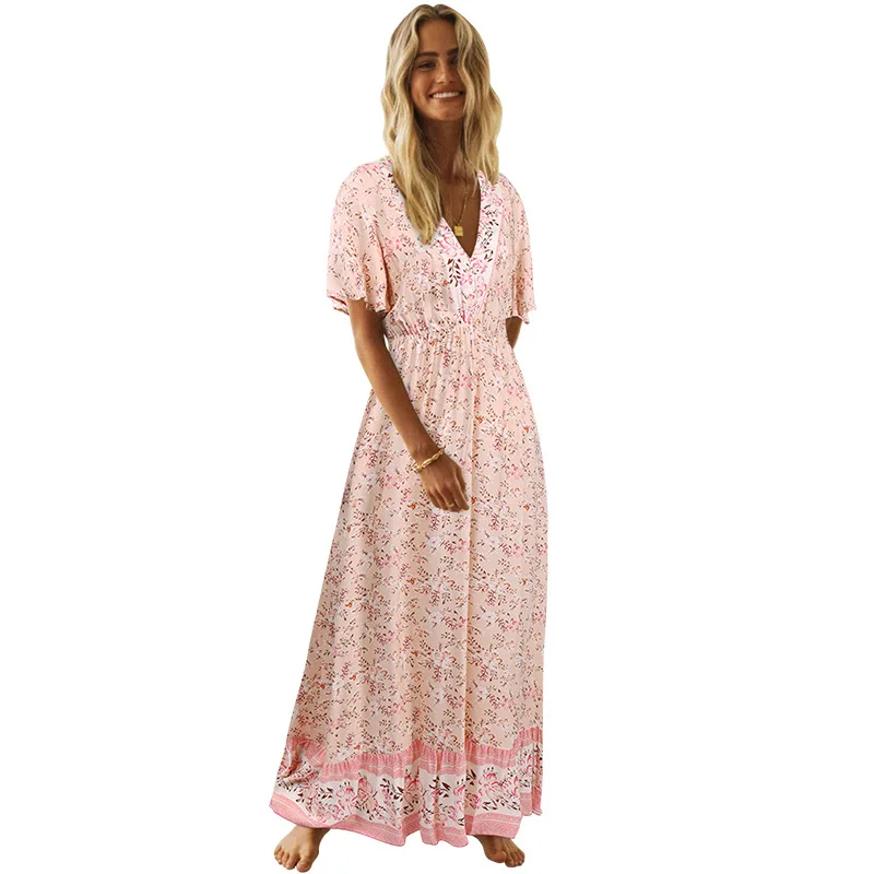 

European and American women's short sleeve V-neck Bohemian Floral Dress