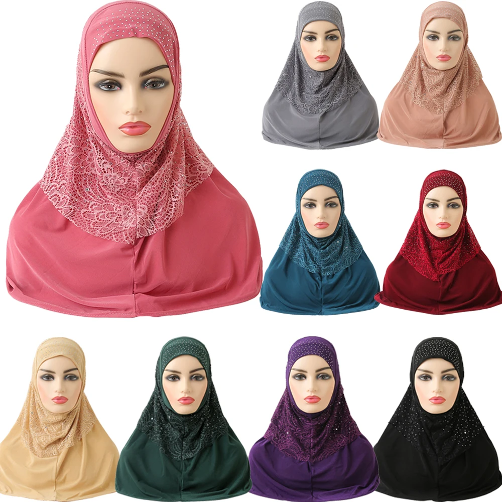 

One Piece Amira Women Muslim Hijab Turban Lace Rhinestone Headwear Islamic Head Scarf Shawl Wrap Pull On Ready To Wear Hijabs