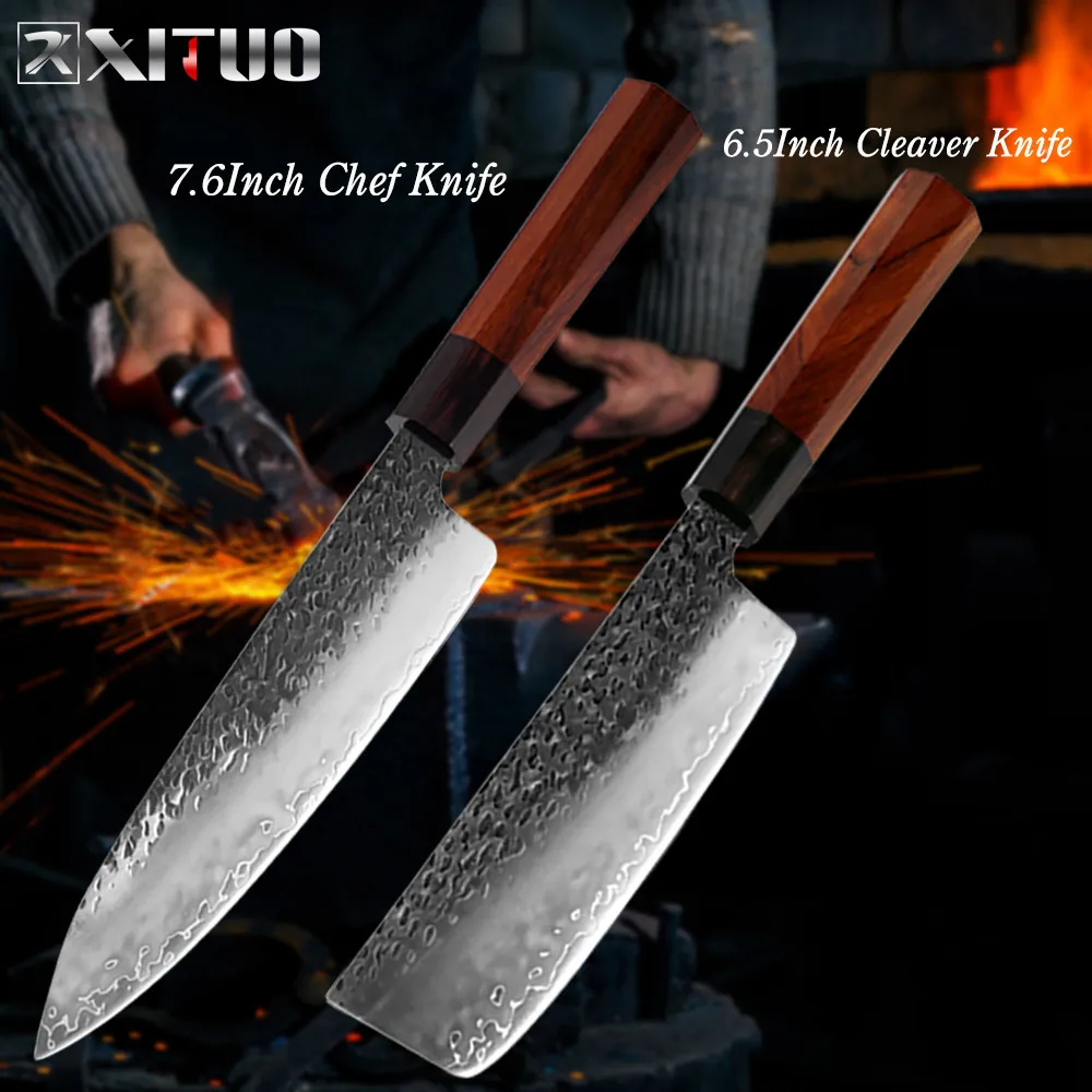 2PCS XITUO три-слой композита Сталь шеф-повара Ножи ручной ковки китайский нож Острый кухонный топорик Santoku кирицукэ утилита Пособия по кулинарии инструменты - Цвет: 2PCS