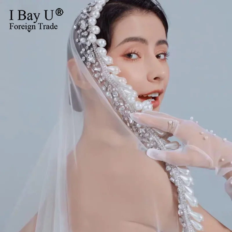 Роскошная длинная стразы свадебная фата с искусственным жемчугом блестящая Фата