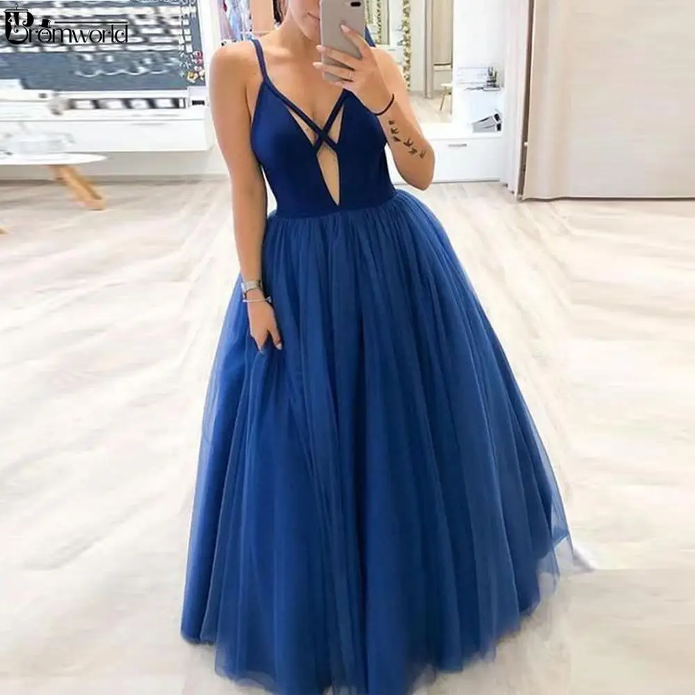 

Простое ТРАПЕЦИЕВИДНОЕ платье для выпускного вечера, длинное вечернее платье из тюля с глубоким V-образным вырезом и бретельками, платья дл...