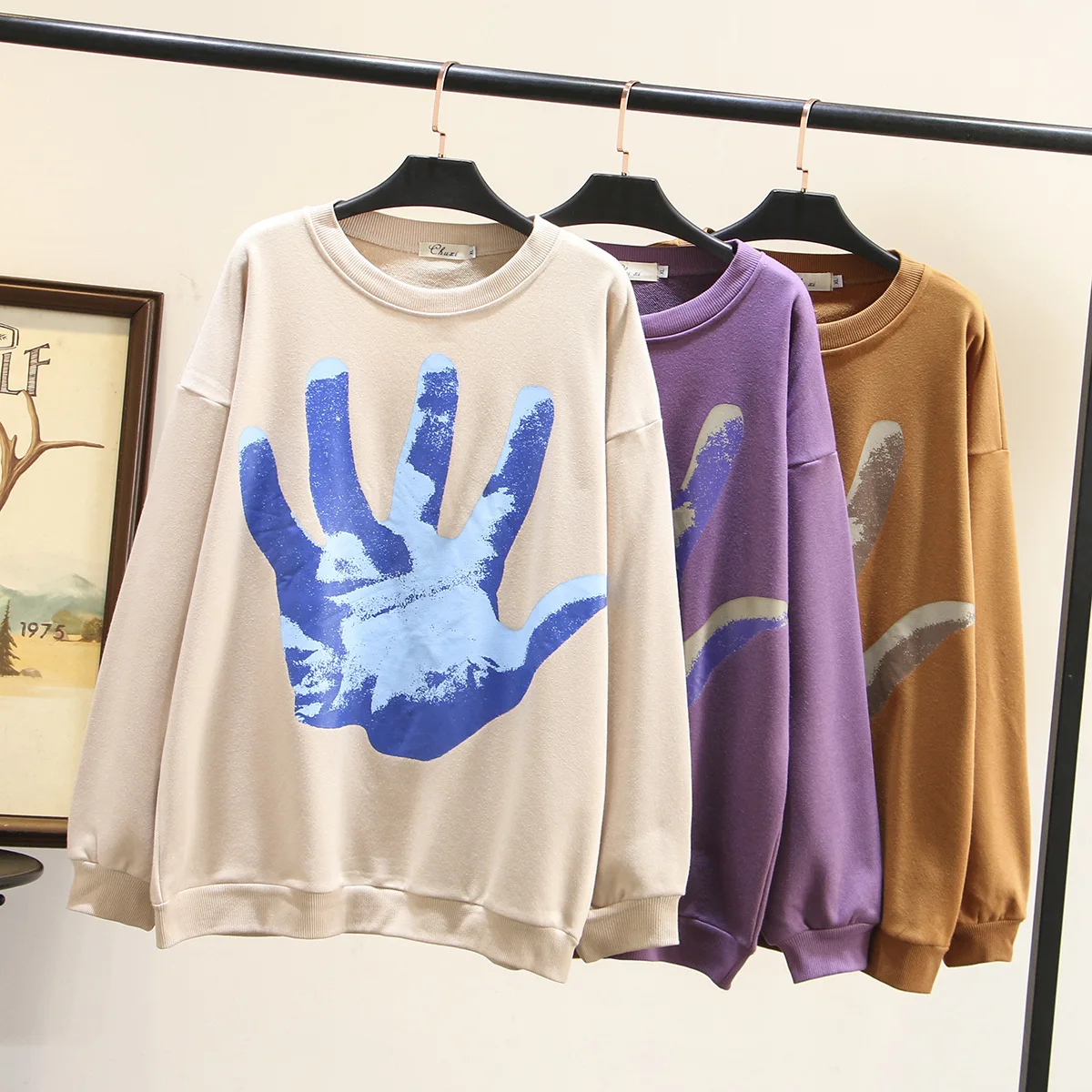 2020 весенний Женский свитшот размера плюс топы повседневные с принтом большой