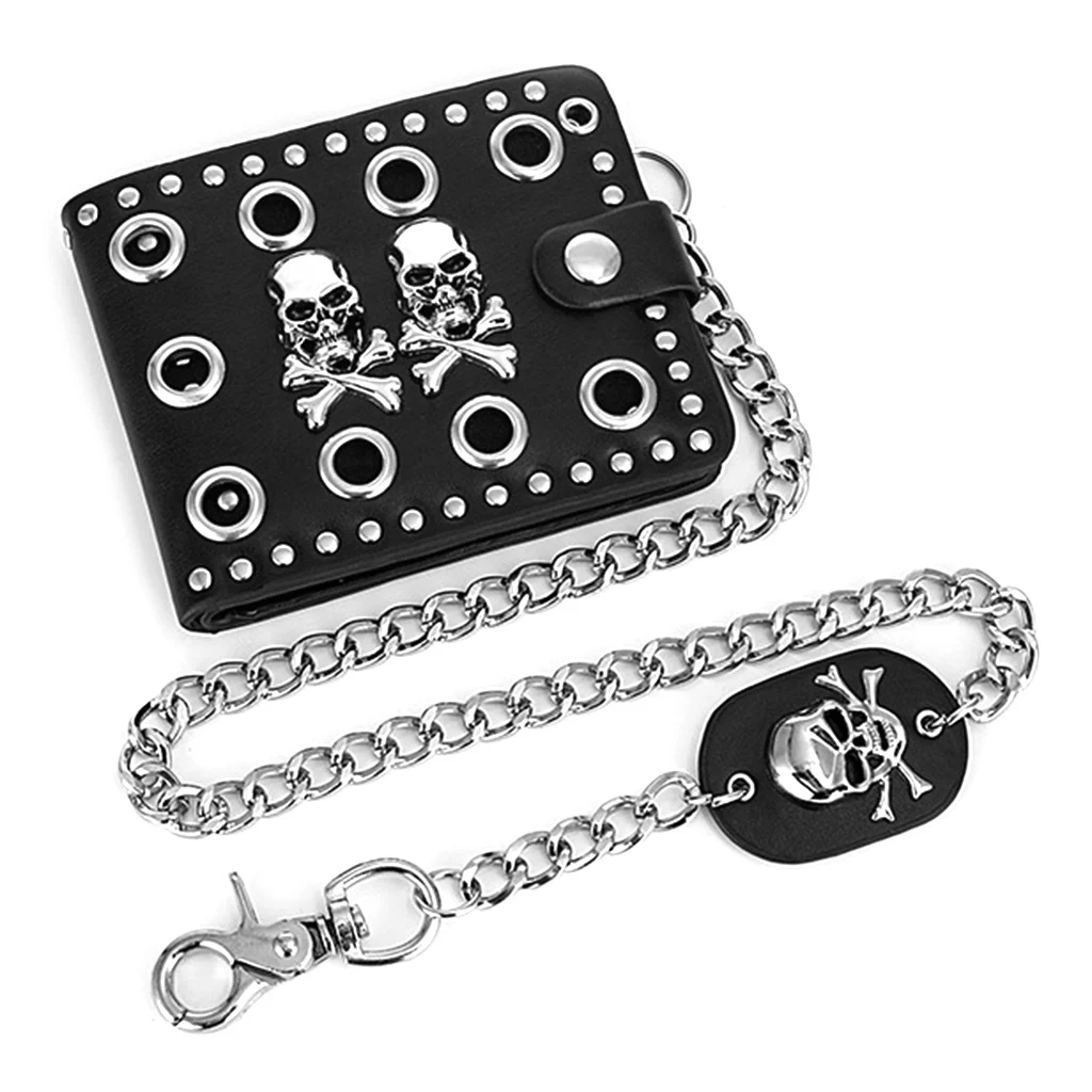 02-black color THINKTHENDO кожаный крутой панк готический Западный череп клатч кошелек кошельки с цепочкой для мужчин - Цвет: 02-black color
