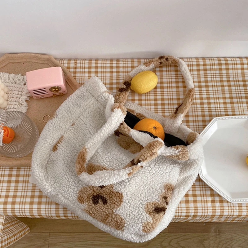 

Women Lamb Like Fabrics Shoulder Tote Bag Canvas Fluffy Fur Bear Handbags