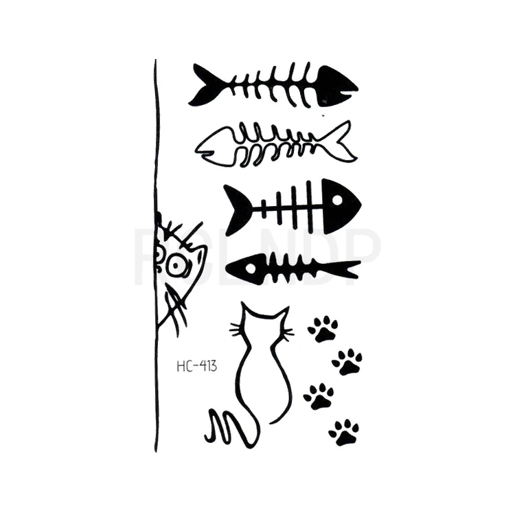 Водостойкая Временная тату-наклейка в виде рыбьей кости дизайн кошачьей лапы