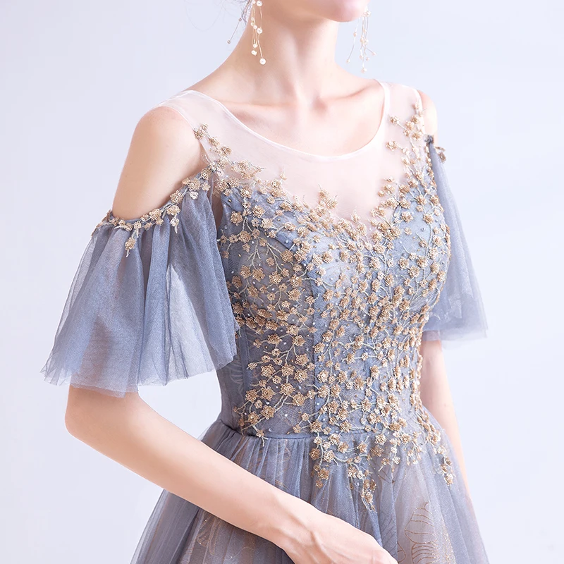 

Bespoke Occasion Dresses Illusion O-Neck Short Sequined Off The Shoulder Lace Tulle Luxury Blue Women Formal Evening Gown TS093