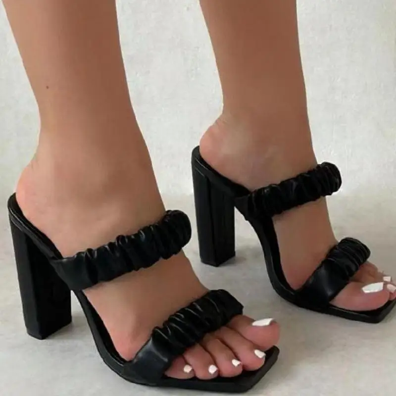 

Fashion Women Square Open Toe Heeled Slippers Leather Slides Dress Shoes Indoor Summer Ytmtloy Sapatos Femininos House