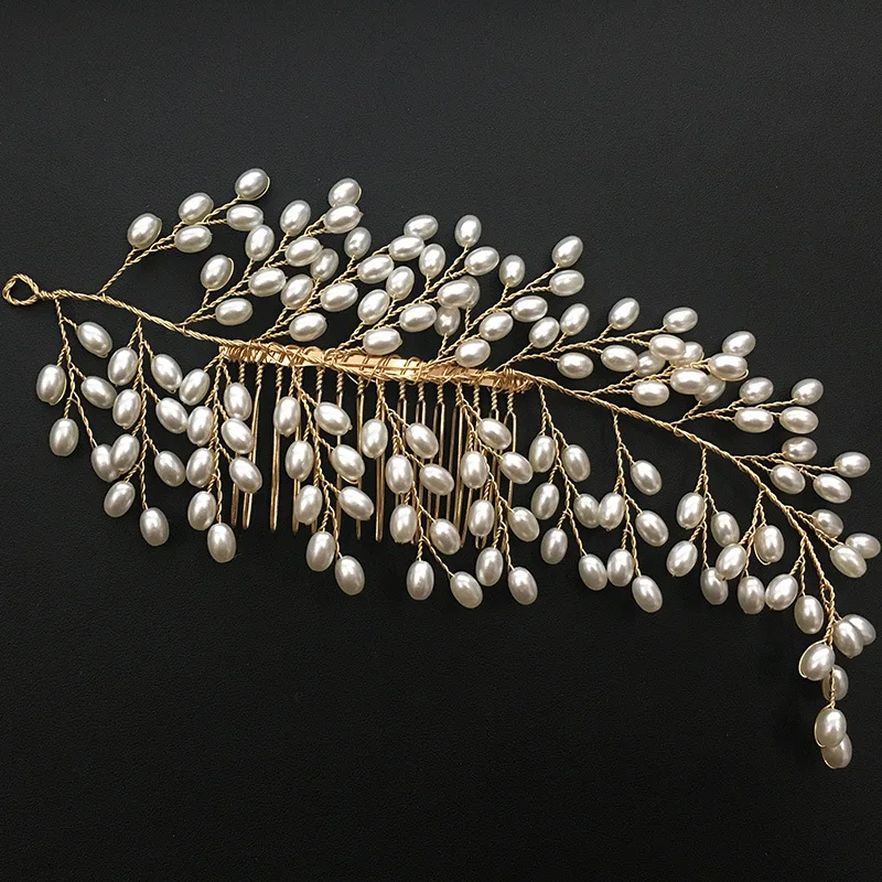 

copper pearl leaves shape hair comb for pearl brides wedding hair jewelry