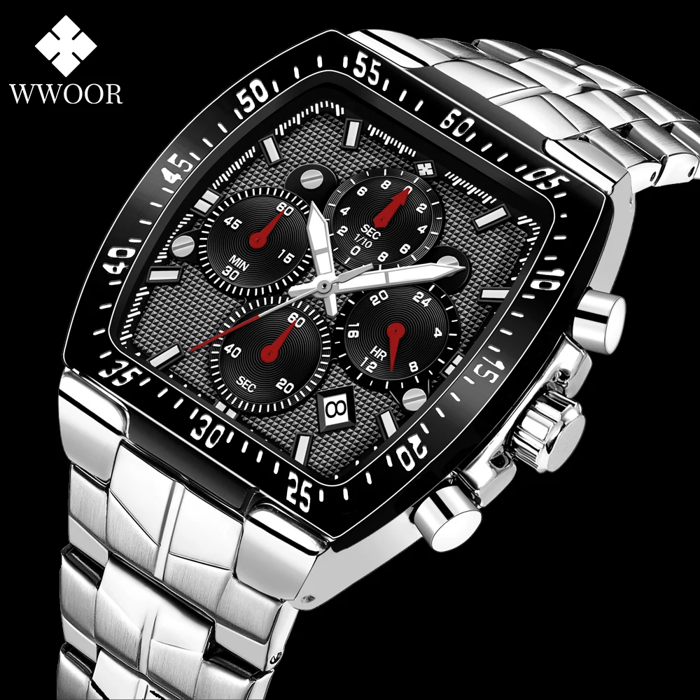 Top Brand Luxury Chronograph Quartz Men's Watches WWOOR Square Stainless Steel Sports Waterproof Wristwatch For Men Reloj Hombre