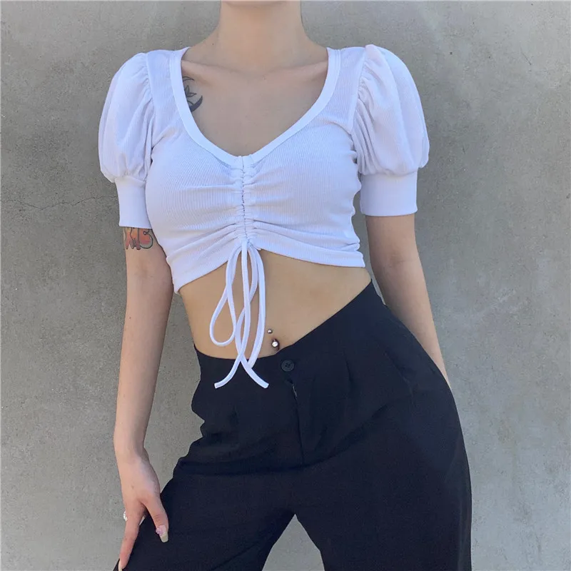 

Short-Sleeved Women's T-Shirt Summer New Style V-Neck Ultra-Short High-Waist Tight-Fitting Navel Top Pleated Fashion