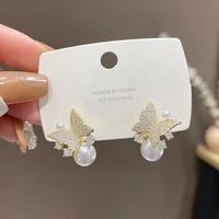 ins tide inlaid zircon butterfly earrings korean temperament simple pearl earrings 925 silver needle earrings for women female