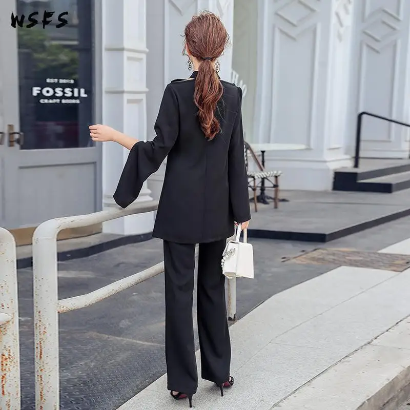 

2 Piece Set Summer Black Suit Blouses Tops Bodycon Office Ladies Sexy Long Pants Elegant Womens Wide Leg Trousers Korean Clothes