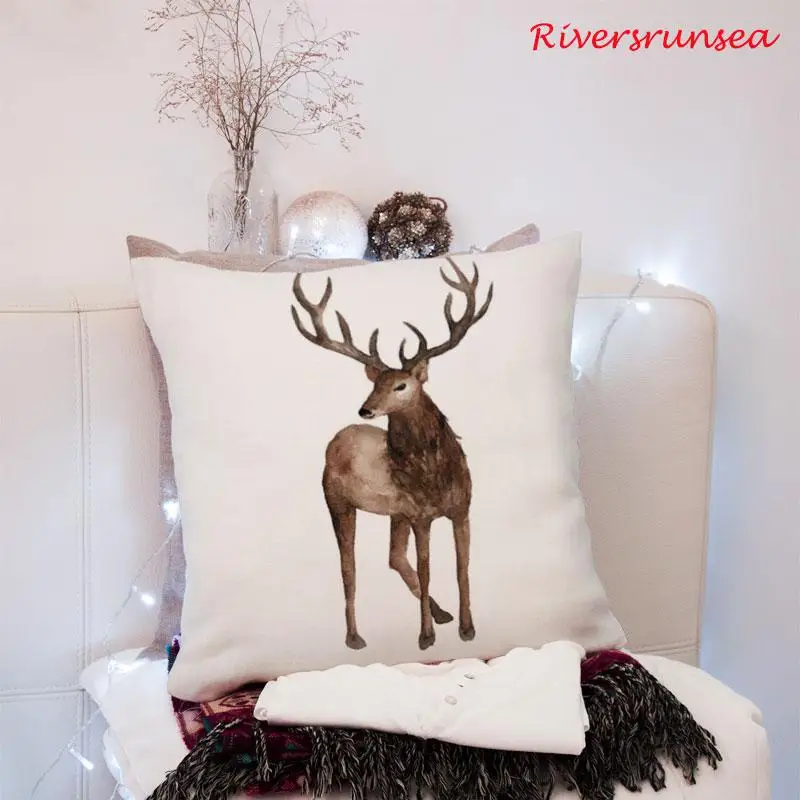 Nordic Style Decoration Deer Pillow Hand Animal Watercolor Ink Forest Fox Cushion Christmas Tree For Creative Living Room Chair | Дом и сад