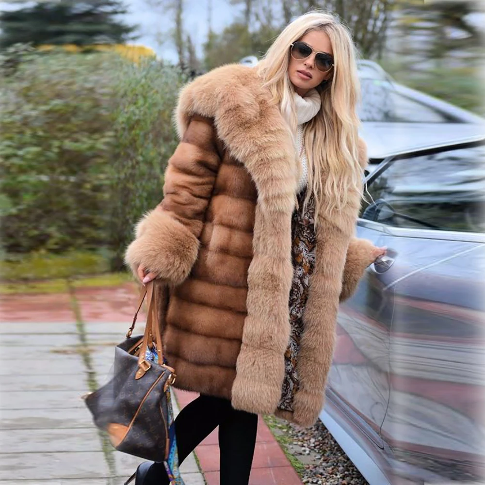Luxury Fashion Women Genuine Mink Fur Coat Long With Big Hood Natuarl Full Pelt Real Mink Fur Jacket With Fox Fur Collar Cuff