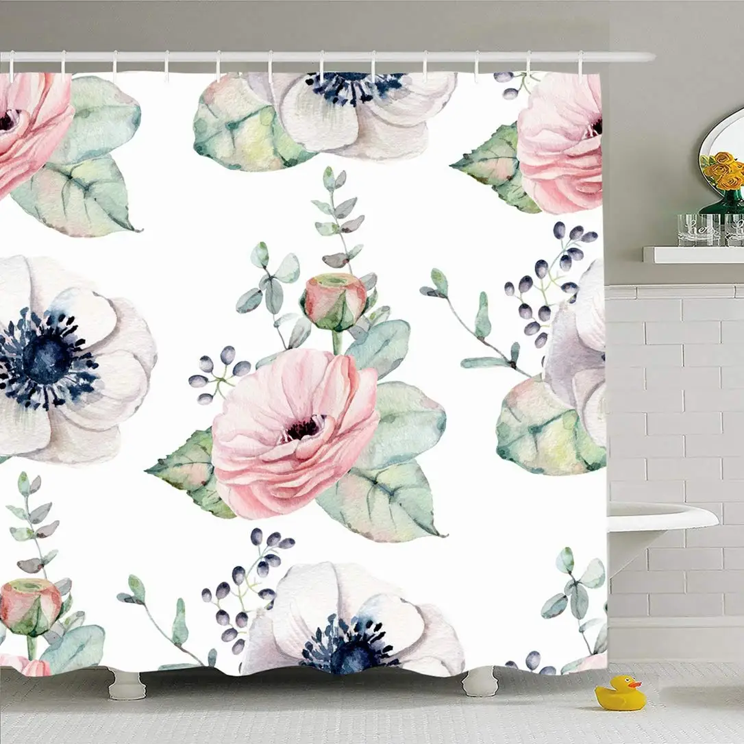 Набор занавесок для душа с крючками 60x72 листва акварель цветок фон валентинка