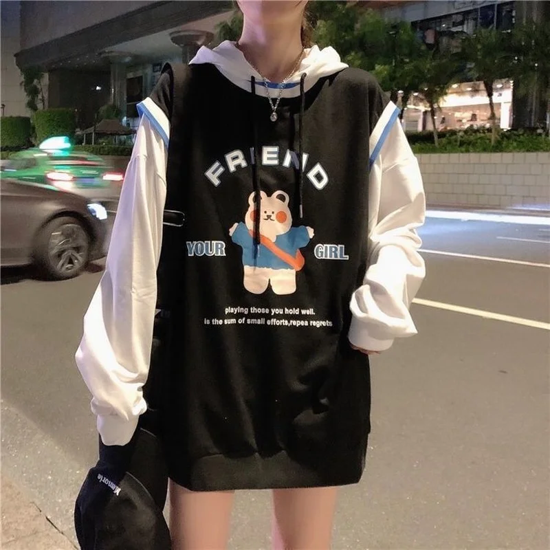 

HOUZHOU Kawaii Harajuku Anime Hoodie Autumn Korean Style Oversized Black Sweatshirt Women Streetwear Casual Pullover Patchwork