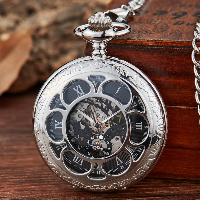 Reloj Mecánico de bolsillo para hombre, cronógrafo con esfera de números romanos azules y dorados, con cadena Fob, caja de regalo