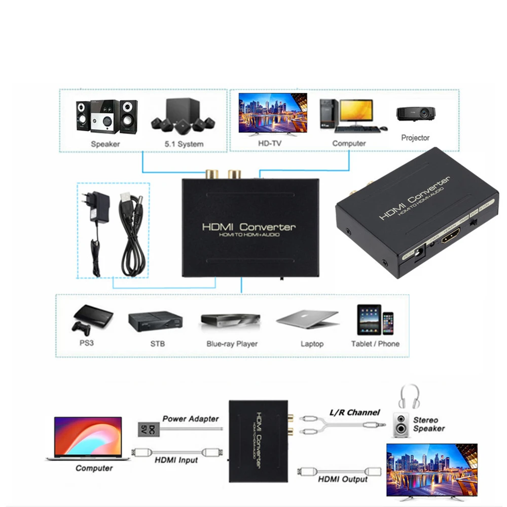 Преобразователь Аудио-экстрактора HDMI-совместимый с SPDIF Оптический RCA-адаптер 5.1CH