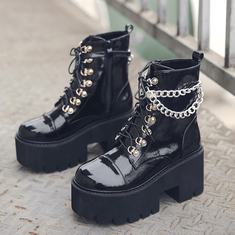 

Miaoguan Ankle boots women punk style platform shoes lace-up winter boots patent leather round head chain zipper shoes