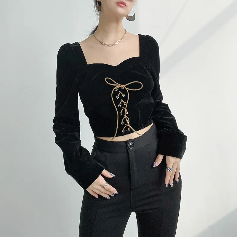 

Женские бархатные черные футболки Artsu, винтажные облегающие Осенние Топы с длинным рукавом, Элегантные повседневные футболки