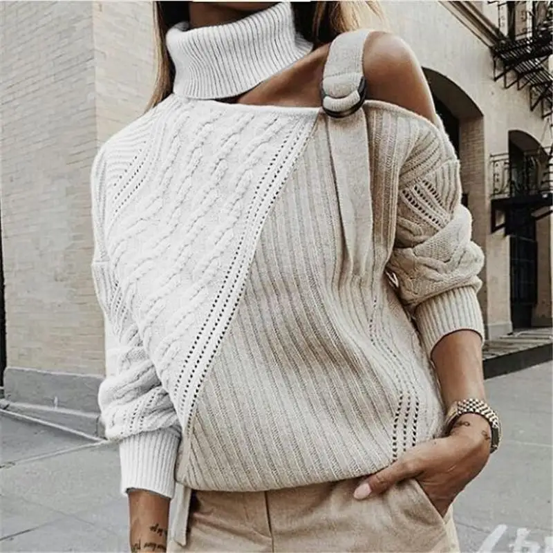 

WEPBEL Women's Long-Sleeved Sweater Off-Shoulder Autumn Winter Fashion Sweaters Turtleneck Pullover.
