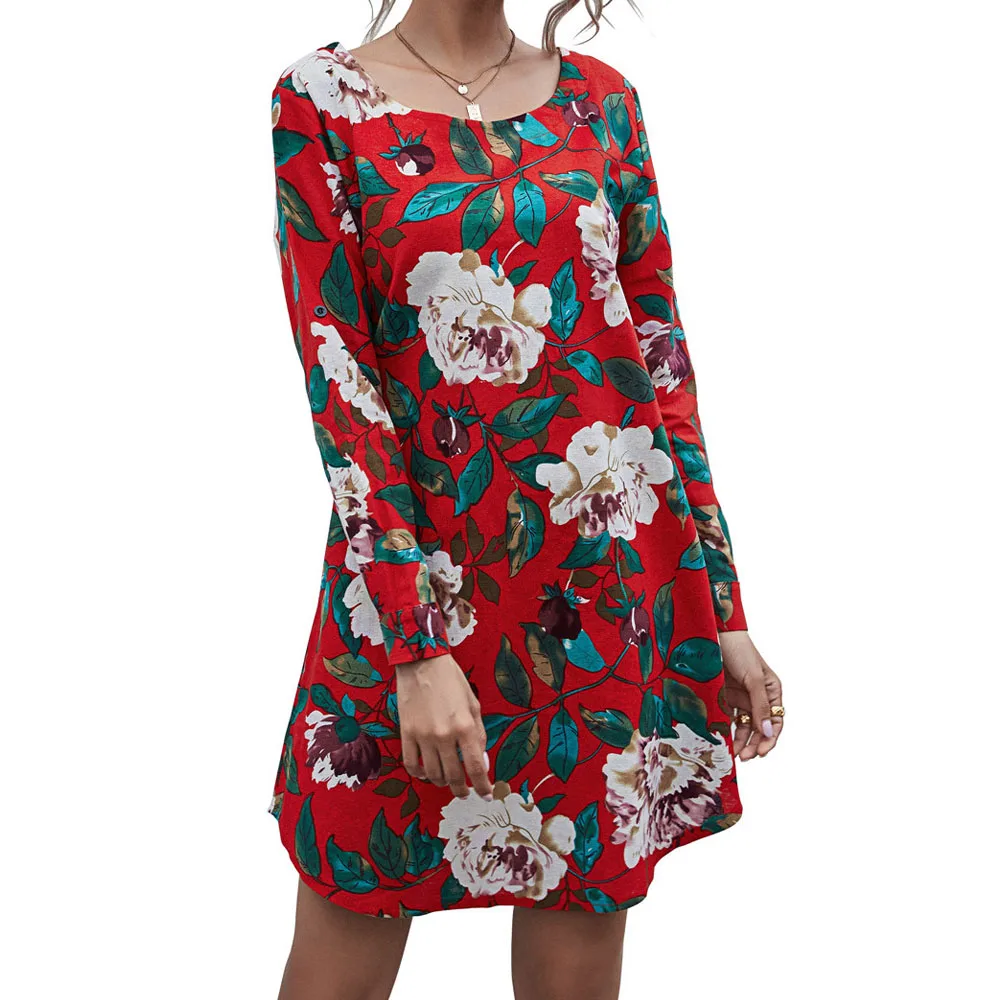 

Cotton Linen O Neck Floral Flower Print Loose Dress Long Sleeve Autumn Dresses Plus Size