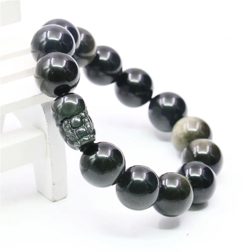 Браслет с натуральным круглым золотым песком обсидианом ювелирное украшение