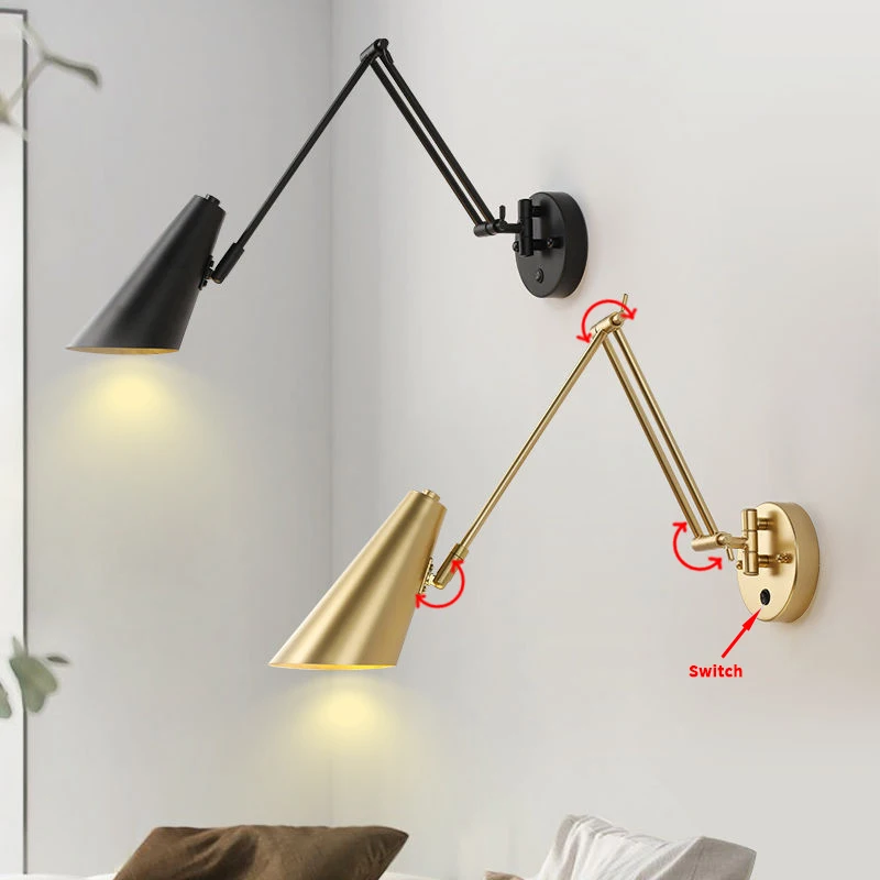 

American Led Lamp Bedroom Bedside Reading Modern Living Dining Room Study Folding Telescopic Long Rocker Wall Lights With Switch