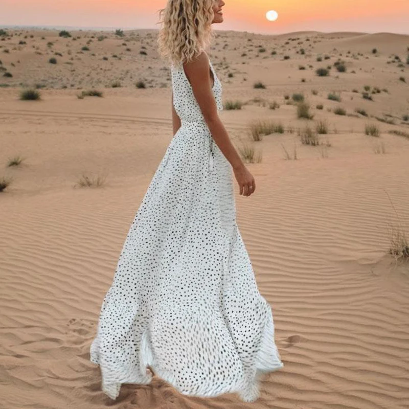 

New Summer Dress Sexy Women V Neck Beach Dresses Casual Polka Dot Print A-Line Party Dresses Short Sleeve Long Dress Fashion