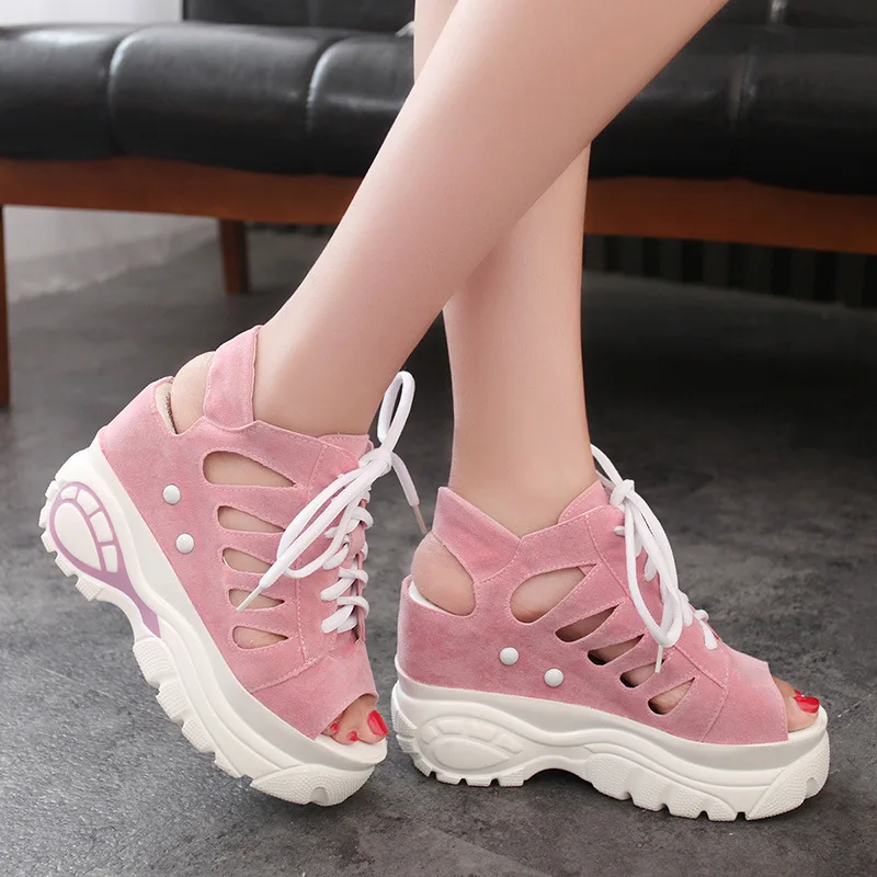 

2021 New Sandals Summer Fashion Slope Heel Super High Heel Platform Fish Mouth Roman Hollow Sandals