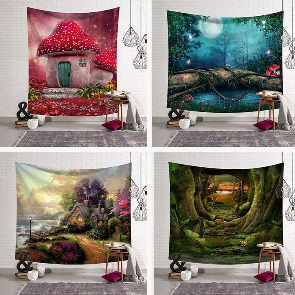 Fairy Tale World Forest Tapestry Wall Hanging Aesthetic Mushroom Cute Home Background Cloth Yoga Mat Bedroom Mural Decoration | Дом и сад