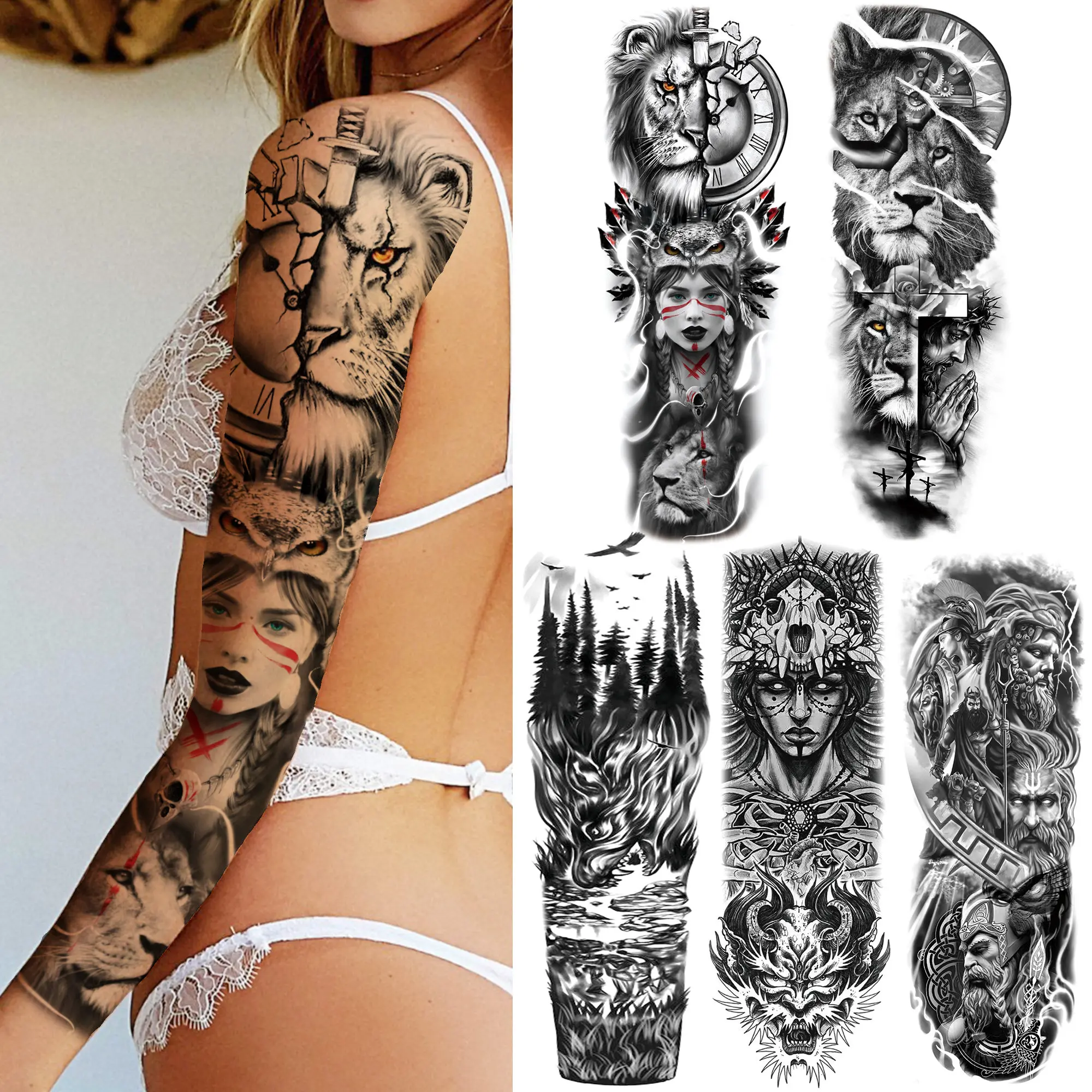 

Tribal Lion Compass Temporary Tattoo Sleeve For Women Men Black Cross Tattoo Sticker Warrior Black Dragon Tatoos KIds Boys Girls