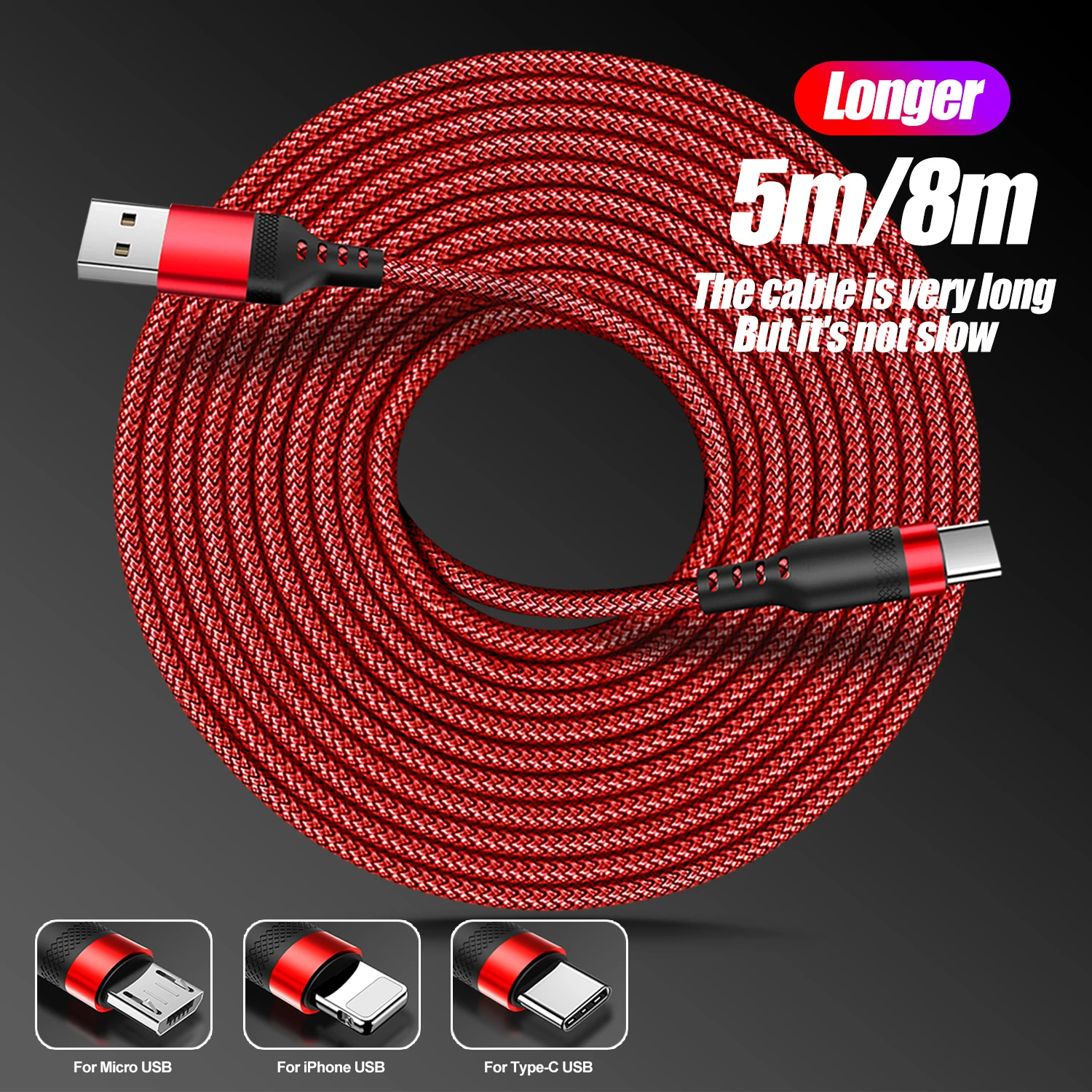 

Long Fast Charging Cable Nylon Braided Tin Plated Copper For IOS/Android Phone Lightning/Type C/Micro USB Extra 5m/8m Cable