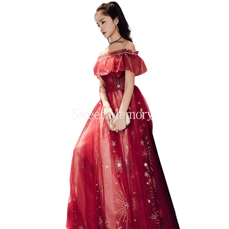 

2021 Boat Neck Short Sleeve Long Evening Dress Woman Vestidos Pattern Tulle Robe De Soiree Sexy Party Prom Robes