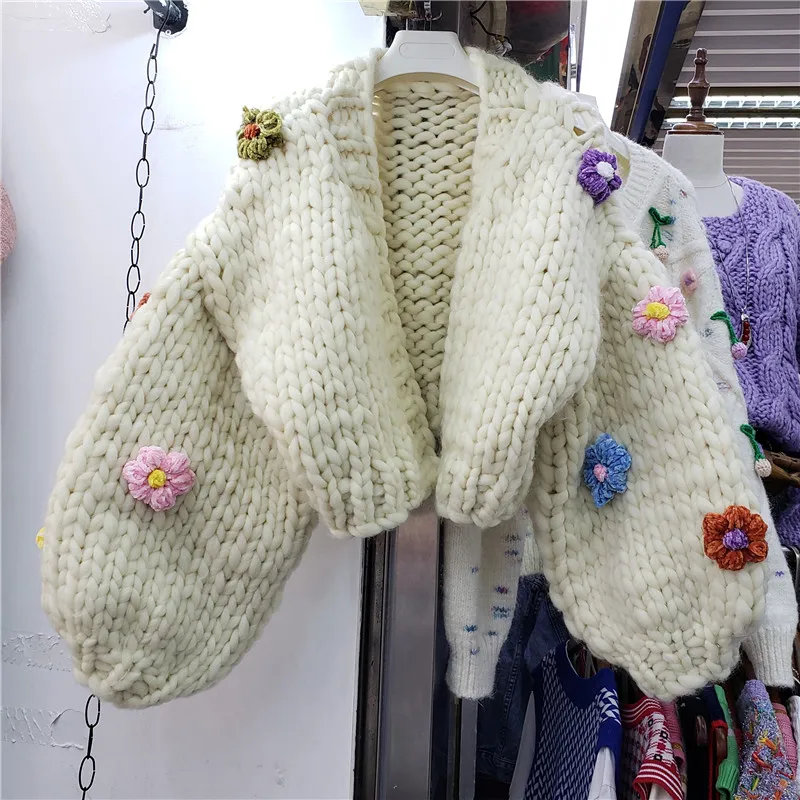 

Retro Flower Knit Cardigan Women's Cropped Sweaters 2021 New Autumn Winter Jacquard Thickened Knitting Sweaters Woman Cardigans