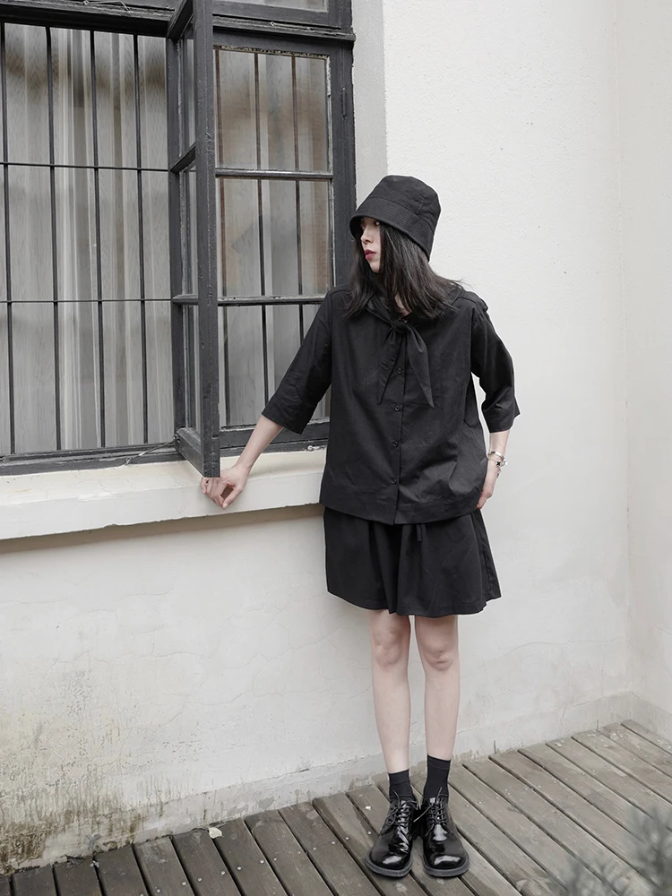 

SuperAen 2021 Summer New Fashion Bow Collar Half Sleeve Blouse Women Janpan Style Solid Color Female Tops