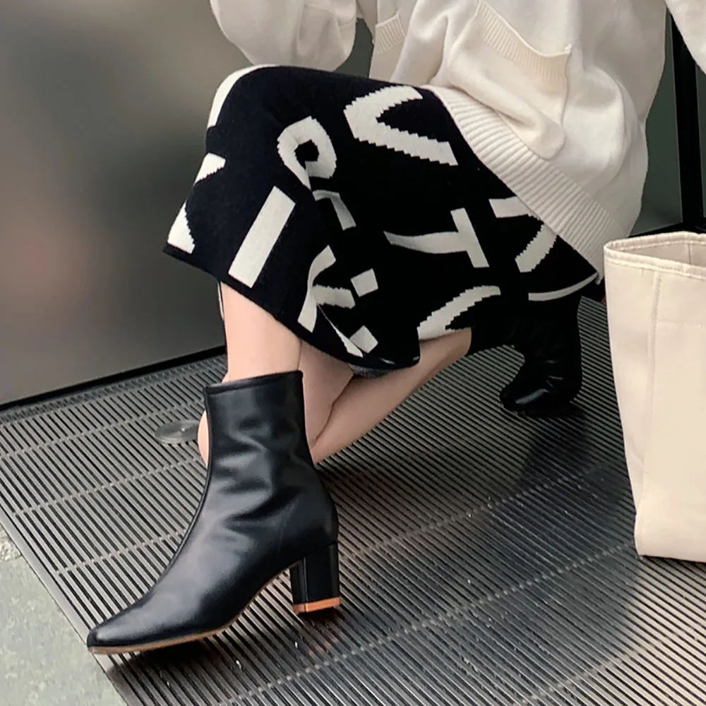 

2020 Women Ankle Boots Cow Leather Winter Short Plush Wool Blend Square Toe Black Color High Heels Female Boots Party Dress