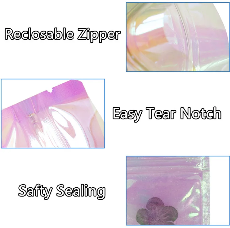 

100pcs Plastic Holographic Zip Lock Packaging Bags Resealable Rainbow Laser Snack Sugar Trinkets Coffee Logo Printing Pouches