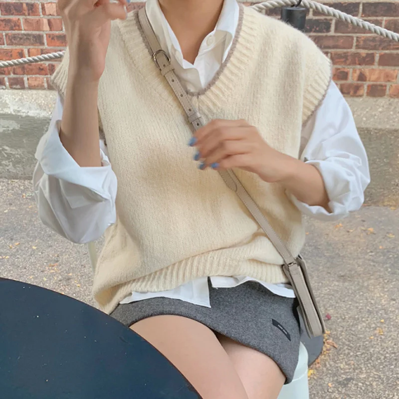

Korean Sweater Top Suit Autumn Versatile Simple Lapel Long Sleeve Shirt And Comfortable Core Spun Yarn Sweater Vest