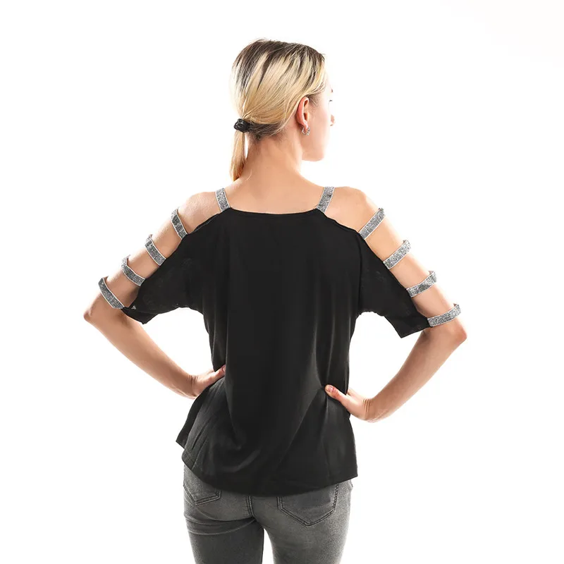 Spring Summer Autumn Cute Short Sleeve T Shirt Women Summer Solid Strappy Tee Shirt Casual Cold Shoulder Tops