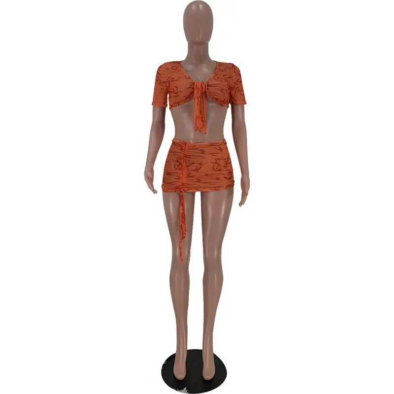 

Sexy Mesh Sheer 2 Piece Set Bandage Crop Top Bodycon Mini Skirts Summer Beachwear Outfits for Women Club Matching Sets