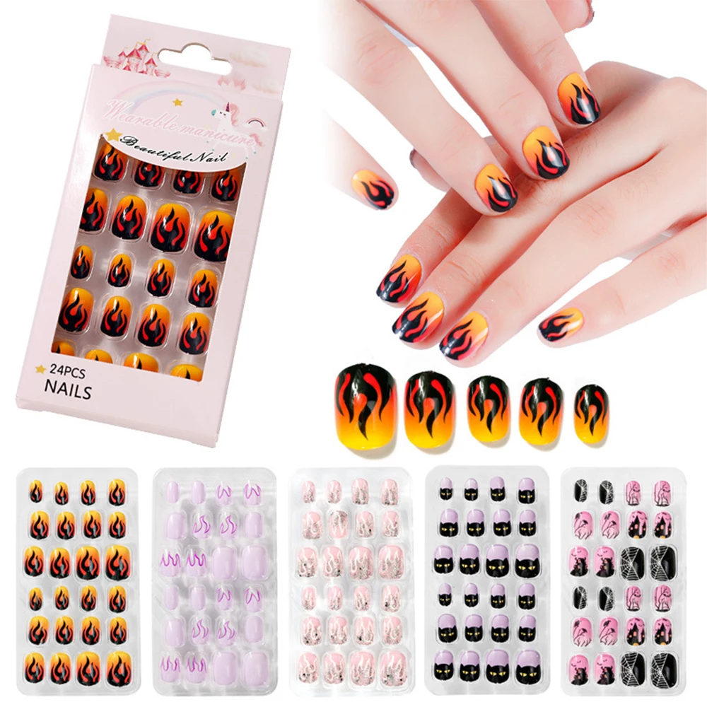 24Pcs/Lot Children Halloween False Nail Tips Fire Full Cover Kid Glue Self Fake Art for Girls DIY Manicure Nails Decor | Красота и