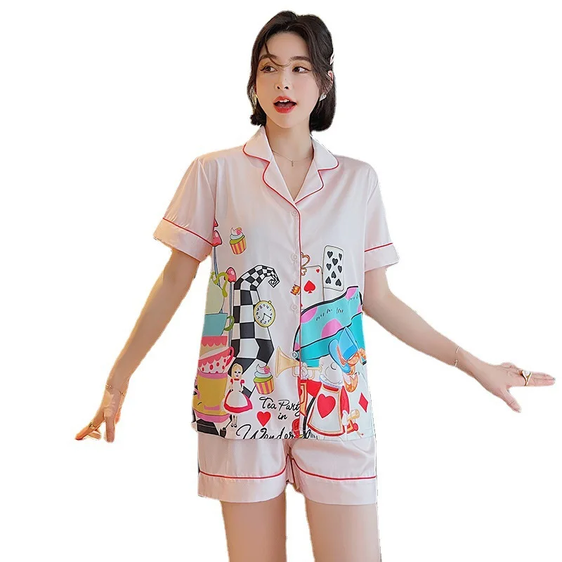 

Summer pajamas women's thin ice silk short sleeve shorts housewear student silk cardigan loose two piece set