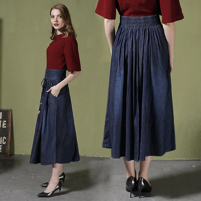 Женская джинсовая юбка винтажная плиссированная с высокой талией джинсы макси