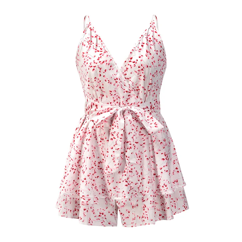

2021 Summer New Women's Fashion Sexy Print Deep V Neck Spaghetti Straps Sleeveless Backless Empire Lace Up Playsuits Ladies Slim