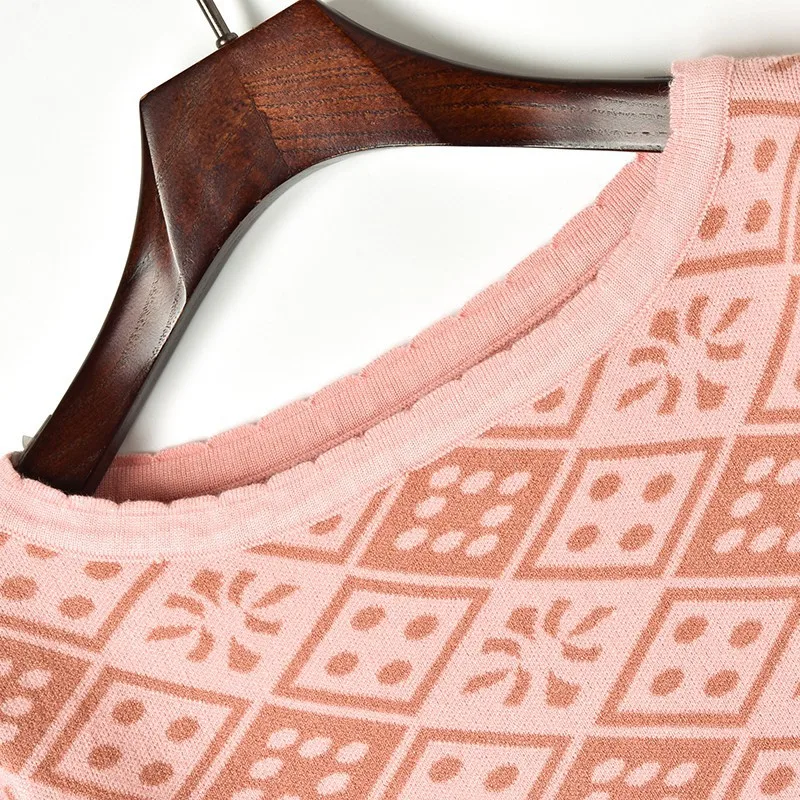 Женский розовый костюм Цветочный винтажный жаккардовый вязаный короткий