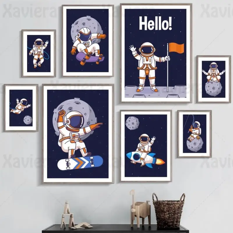 

Cartoon Creative Astronaut Moon Rocket Skateboard Wall Art Nordic Posters Canvas Painting Nursery Wall Decor Boy Room Home Decor