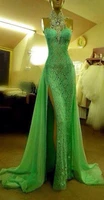 gorgeous green high neck lace prom dresses with slit sexy mermaid crystal beaded vestido de formatura