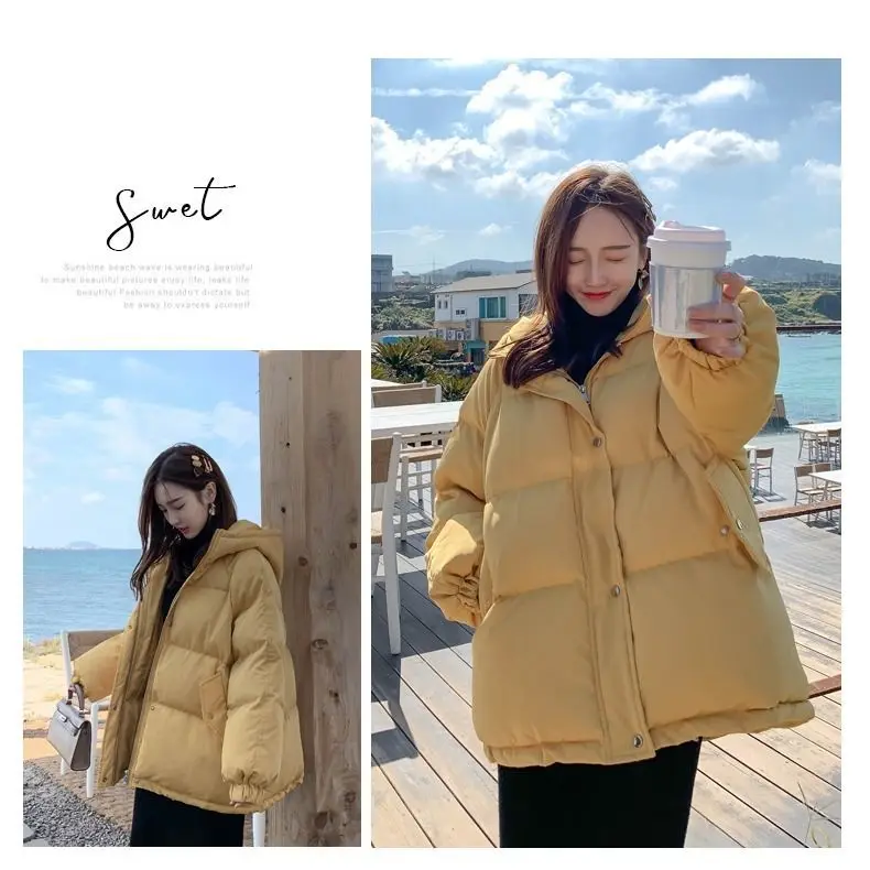 

Women Fashion Winter Hooded Puffer Jacket Solid Harajuku BF Warm Oversize Parkas Female Korean Loose Long Sleeve Coat Outwears